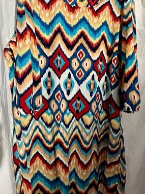 Chesley Multicolor Ikat Chevron Blouse in Red, Turquoise, Navy